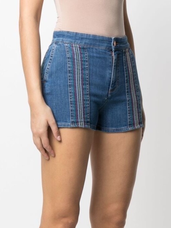See By Chloe Pants - High-Rise Blue Denim Shorts with Side Embroidered Trim